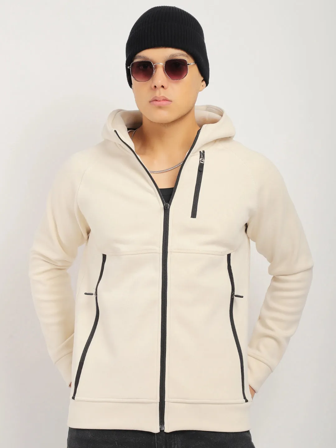 Wayfarer Beige Velvet Zipper Hoodie