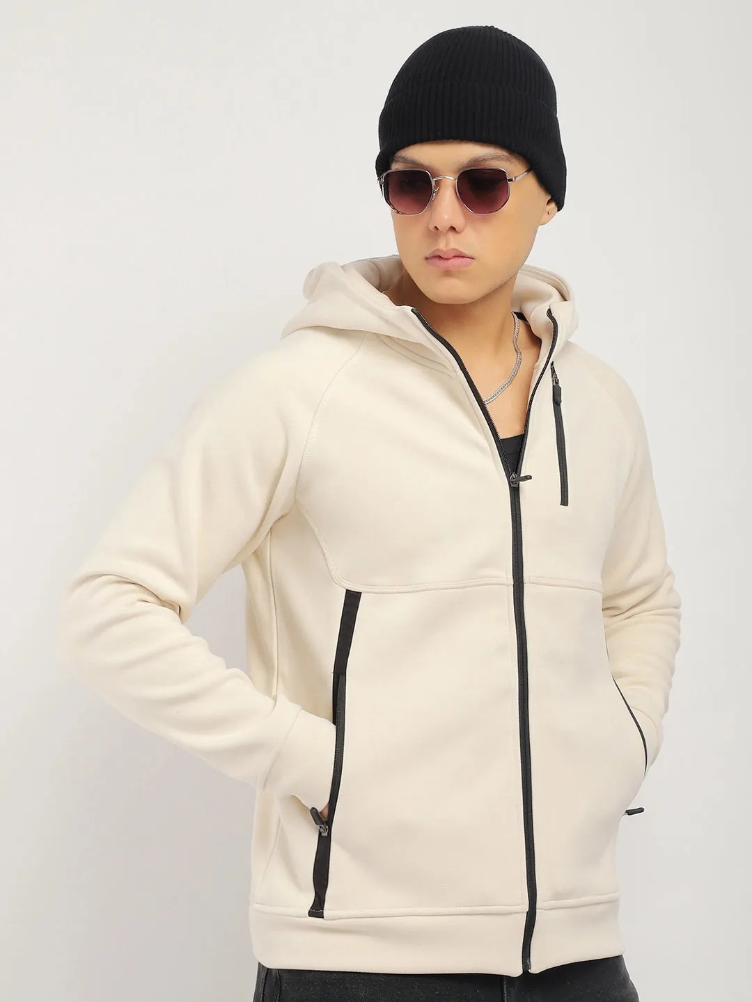 Wayfarer Beige Velvet Zipper Hoodie