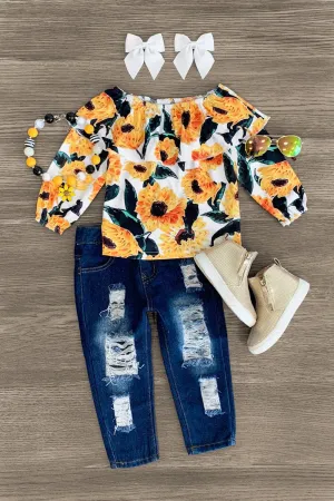 White & Yellow Floral Blouse Distressed Denim Set