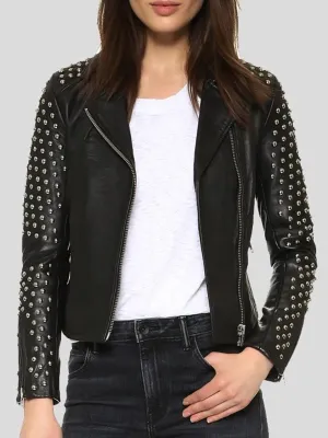 WOMENS STUDDED BLACK LEATHER MOTORCYCLE JACKET BY TJS