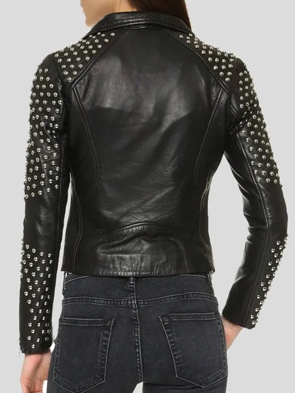 WOMENS STUDDED BLACK LEATHER MOTORCYCLE JACKET BY TJS