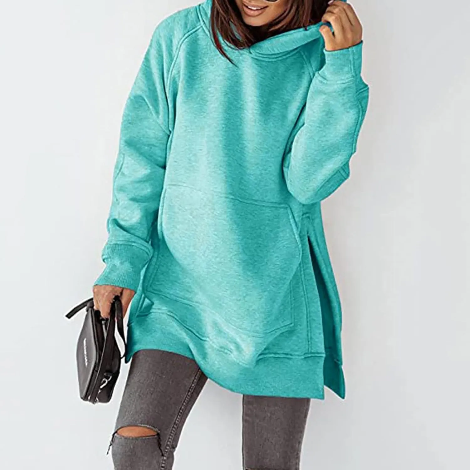 Women's Winter Oversized Hoodies Stylish Long Sleeve High Split Hem Pullover Casual High Low Sweatshirt With Pocket