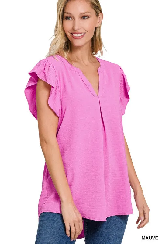 WOVEN AIRFLOW RUFFLED SLEEVE HIGH-LOW TOP